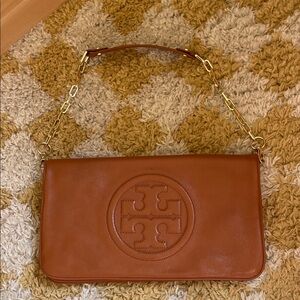 Tory Burch Cognac Leather Shoulder Bag with Gold Chain